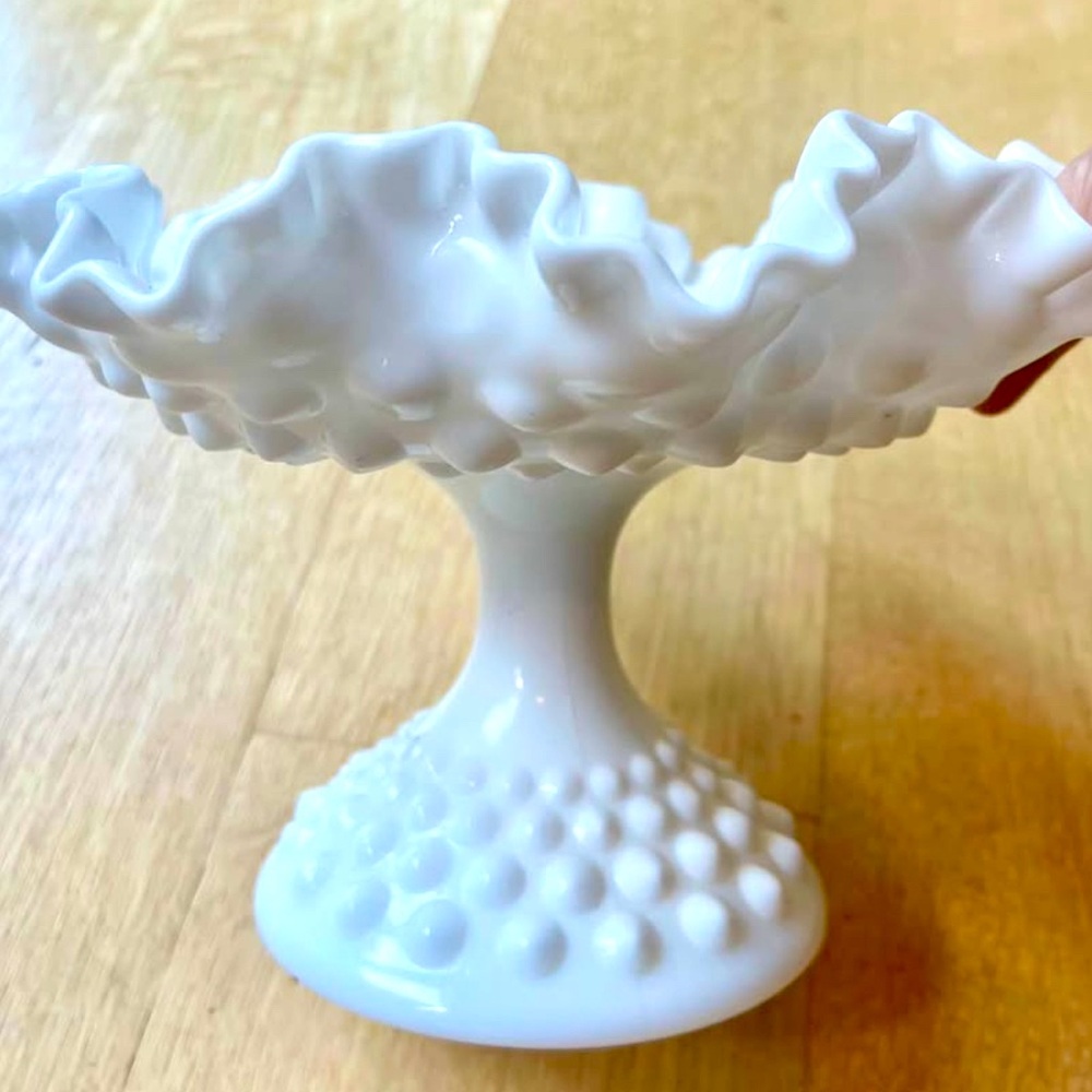 White Hobnail Milk Glass Compote 7.5” widthq